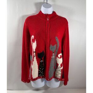 Coldwater Creek Red Bejeweled Cats Kitchy Zip Sweater Jacket Size L‎